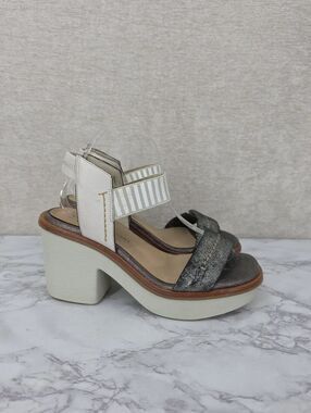 Naked Feet Basalt Chunky Platform Sandal in White and Metallic Gray Leather
